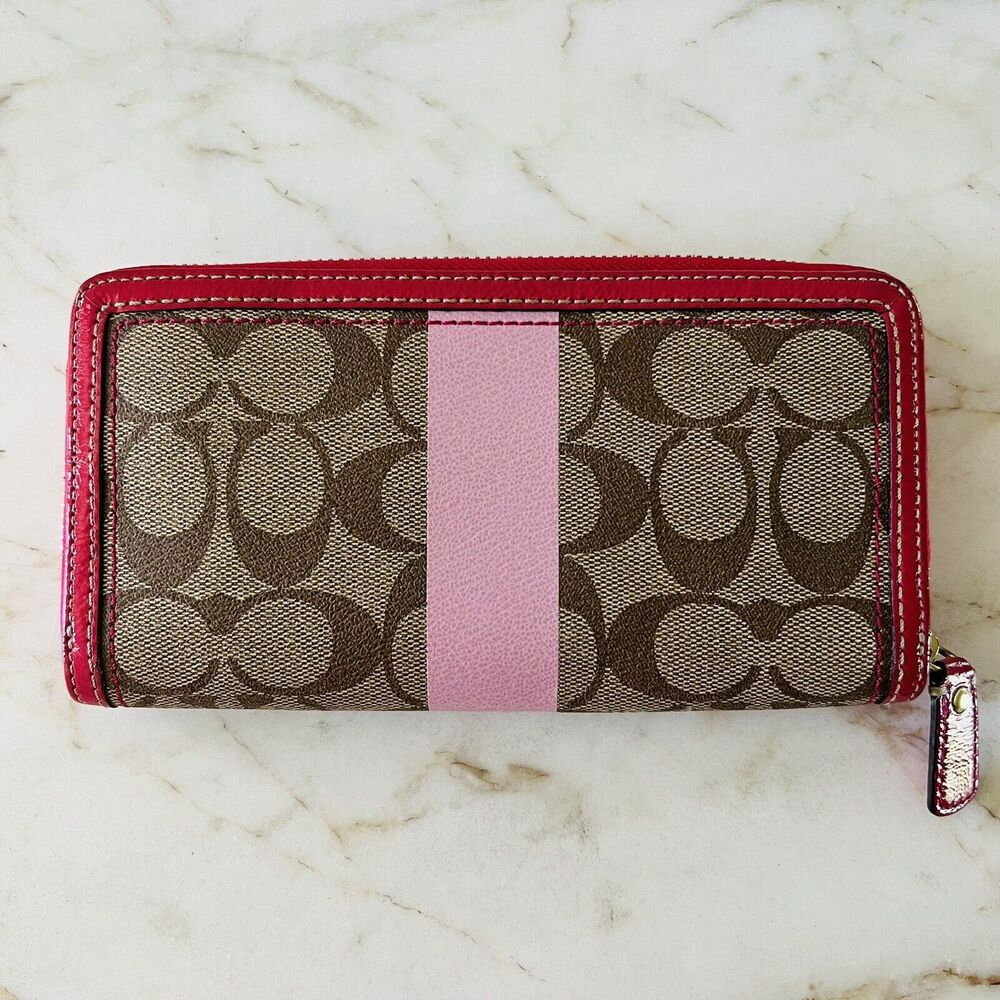COACH Heritage Khaki Pink Stripe Accordion Zip Wallet In Signature Canvas - Picture 4 of 8
